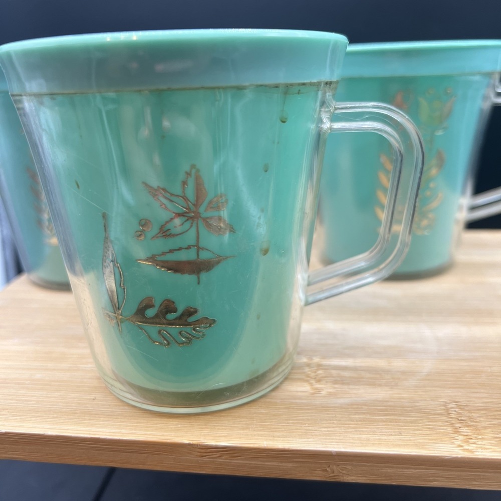 Set Of 4 Vintage Burrite Double Walled Insulated Teal Mugs gold leaf 10 oz - Picture 3 of 9